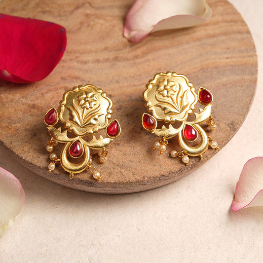 Ritika- Stone Studded Hanging Pearls Dangler Earrings(Dark Red)