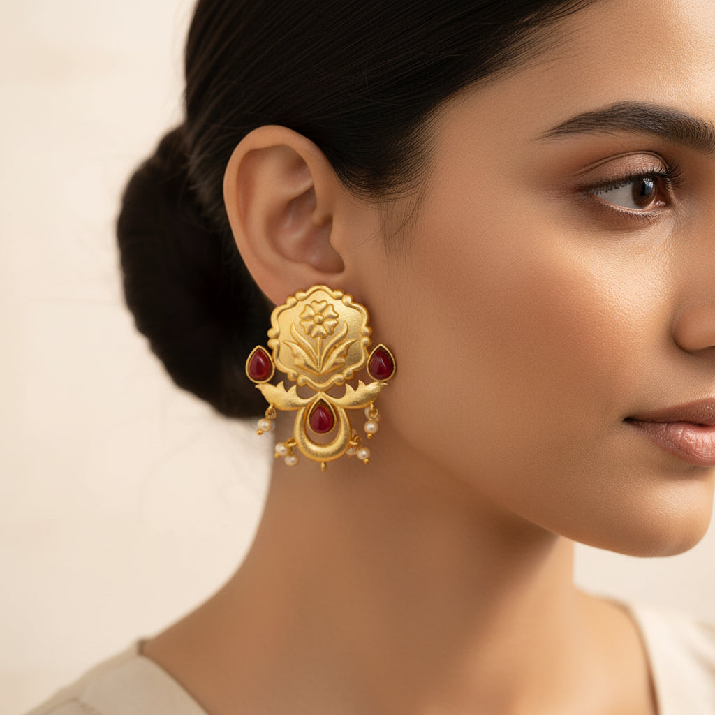 Ritika- Stone Studded Hanging Pearls Dangler Earrings(Dark Red)