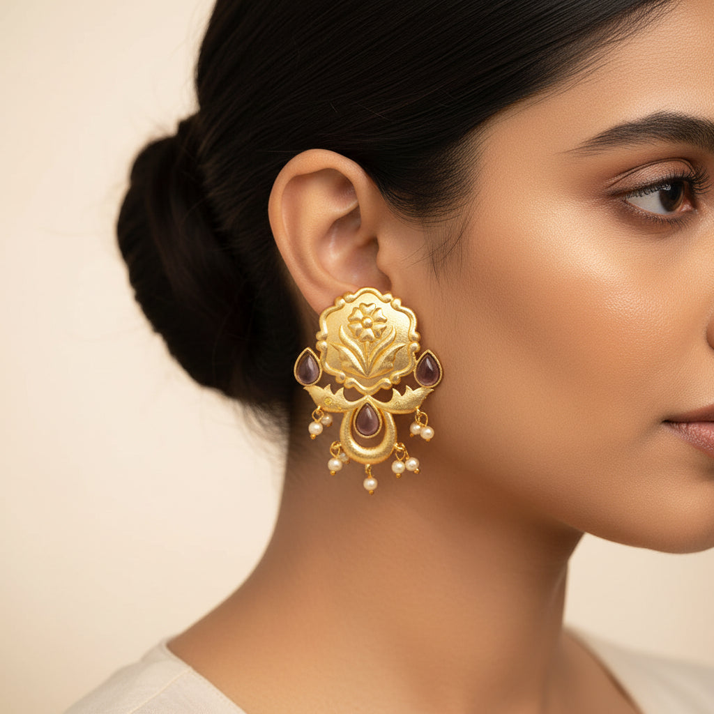 Ritika- Stone Studded Hanging Pearls Dangler Earrings(Purple)