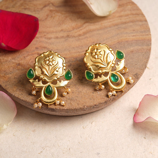 Ritika- Stone Studded Hanging Pearls Dangler Earrings(Dark Green)