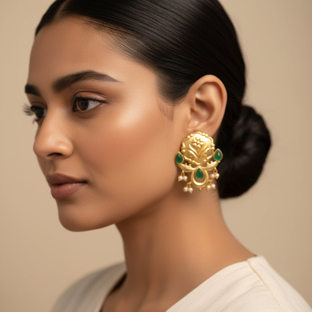 Ritika- Stone Studded Hanging Pearls Dangler Earrings(Dark Green)