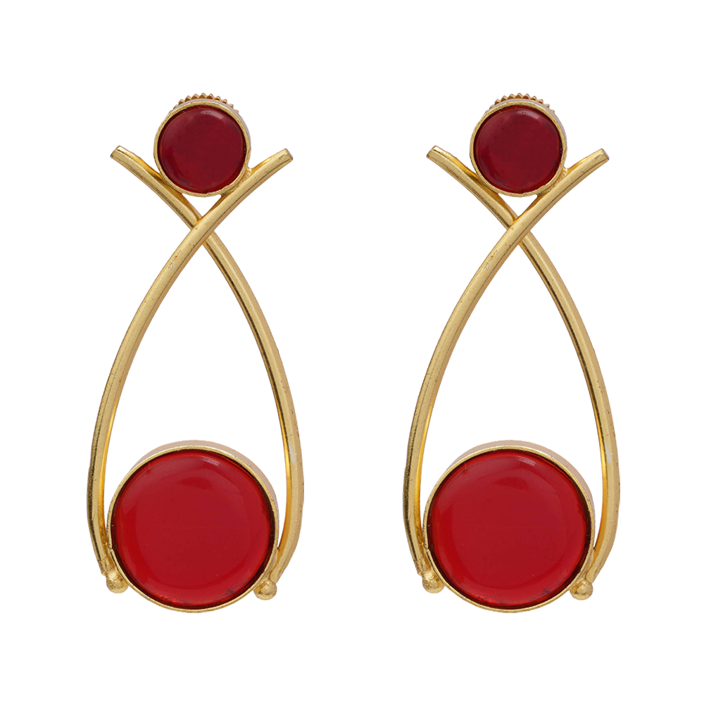 Anika- Stone Studded Golden Frames Dangler Earrings(Red)