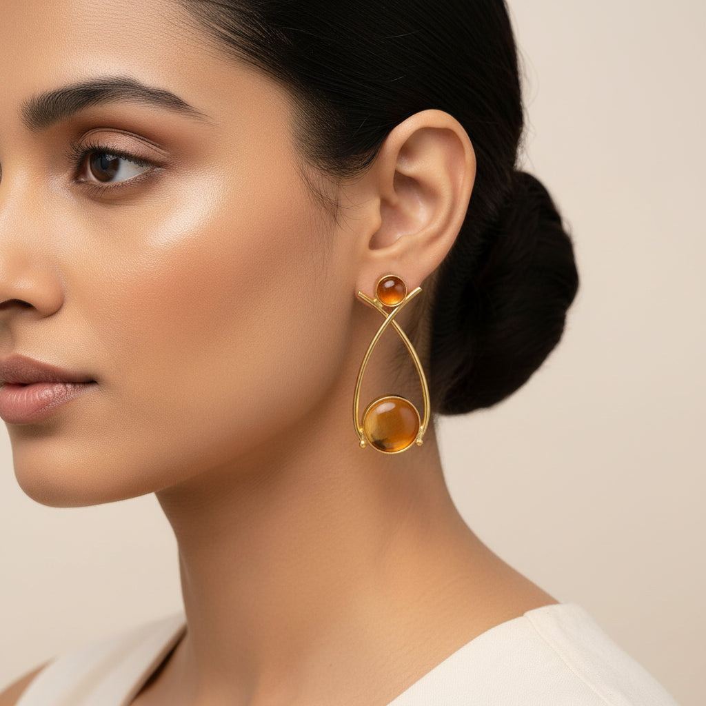 Anika- Stone Studded Golden Frames Dangler Earrings(Yellow)