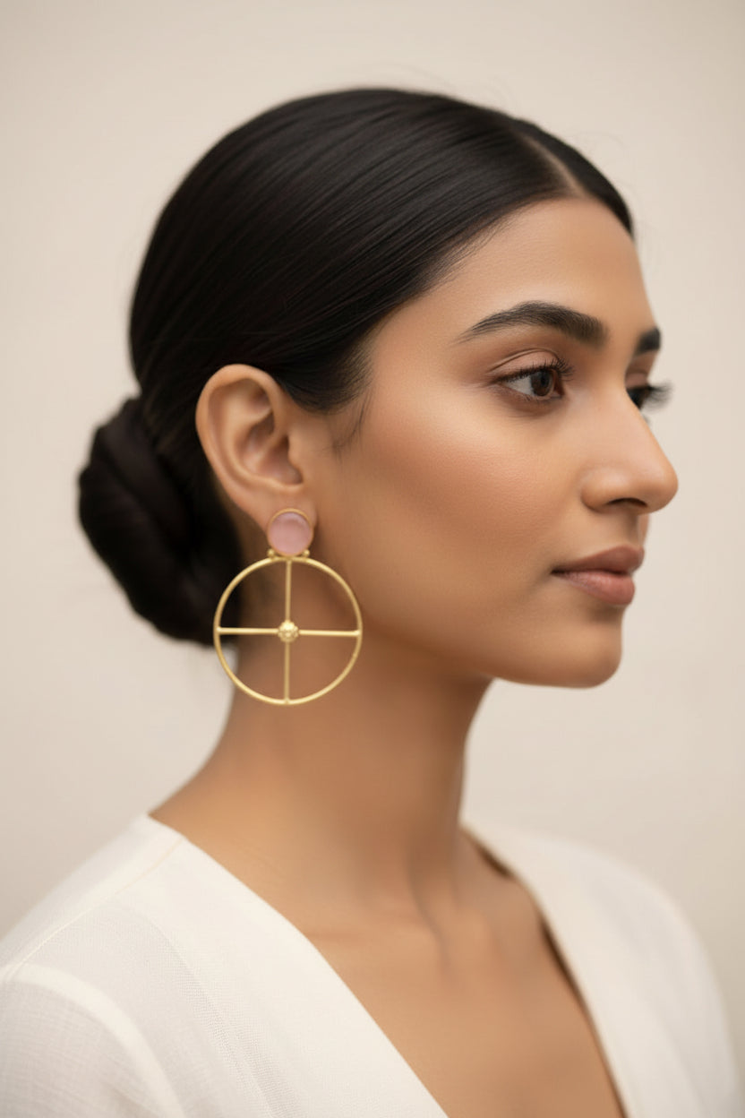 Vanita- Stone Studded Golden Framed Danglet Earrings(Baby Pink)