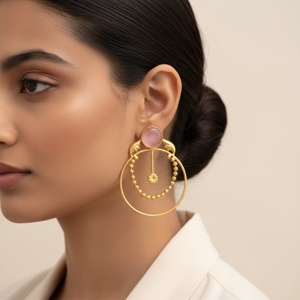 Darshini- Stone Studded Golden Framed Dangler Earrings(Baby Pink)