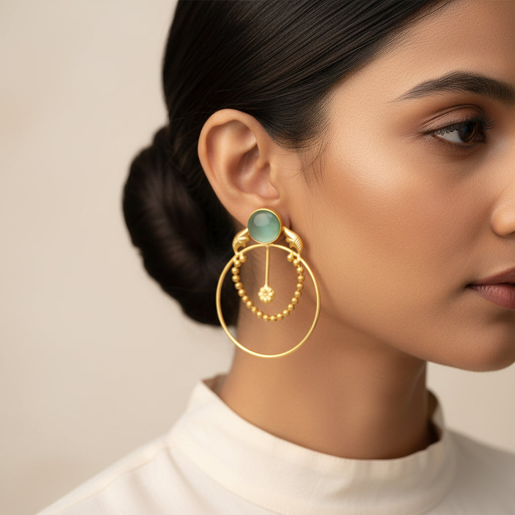 Darshini- Stone Studded Golden Framed Dangler Earrings(Mint)