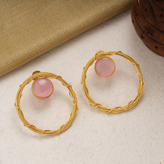 Deeptika- Stone Studded Golden Framed Dangler Earrings(Baby Pink)