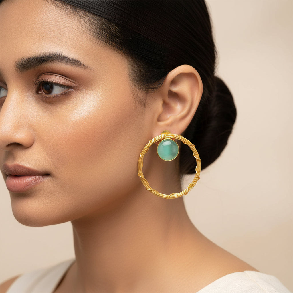 Deeptika- Stone Studded Golden Framed Dangler Earrings(Mint)