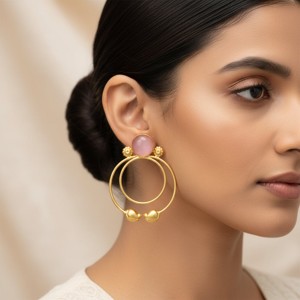 Devika- Stone Studded Golden Framed Dangler Earrings(Pink)
