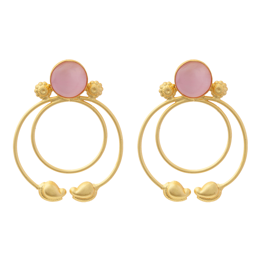 Devika- Stone Studded Golden Framed Dangler Earrings(Pink)