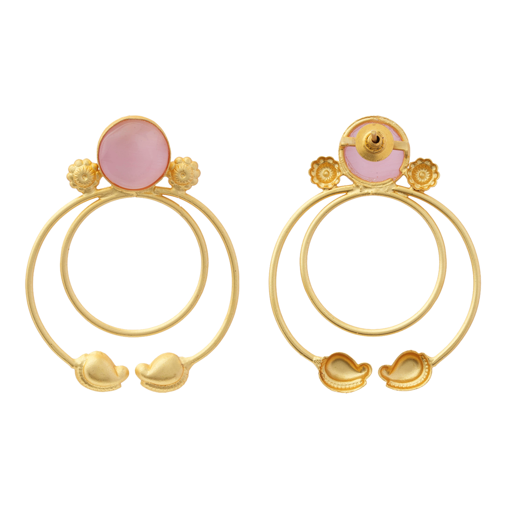 Devika- Stone Studded Golden Framed Dangler Earrings(Pink)