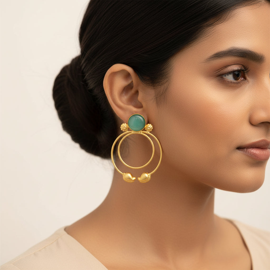 Devika- Stone Studded Golden Framed Dangler Earrings(Mint)