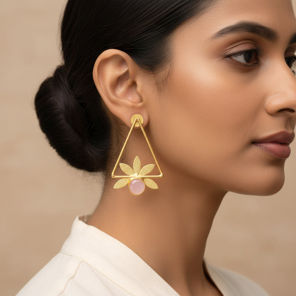 Jhanak- Stone Studded Golden Framed Dangler Earrings(Pink)