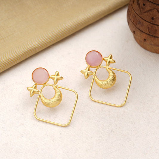 Urvashi- Stone Studded Golden Framed Dangler Earrings(Pink)
