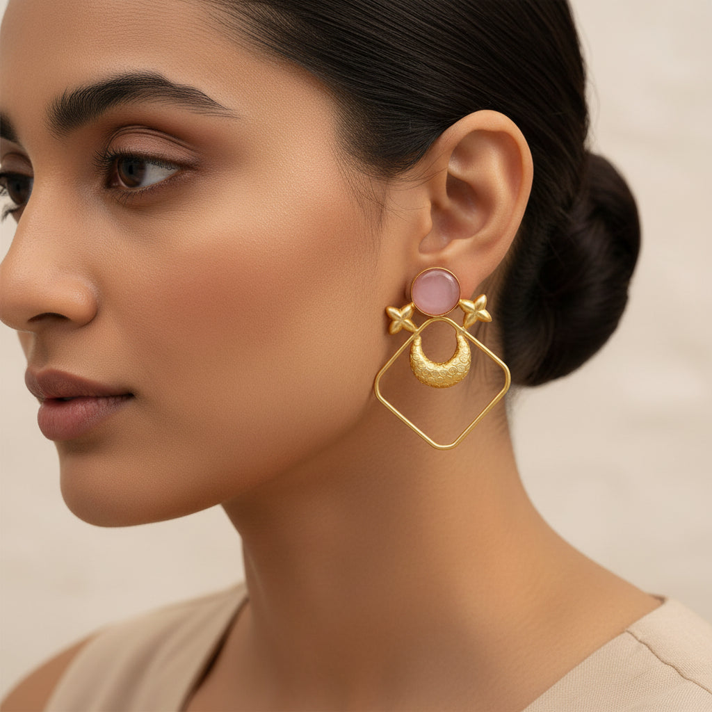 Urvashi- Stone Studded Golden Framed Dangler Earrings(Pink)