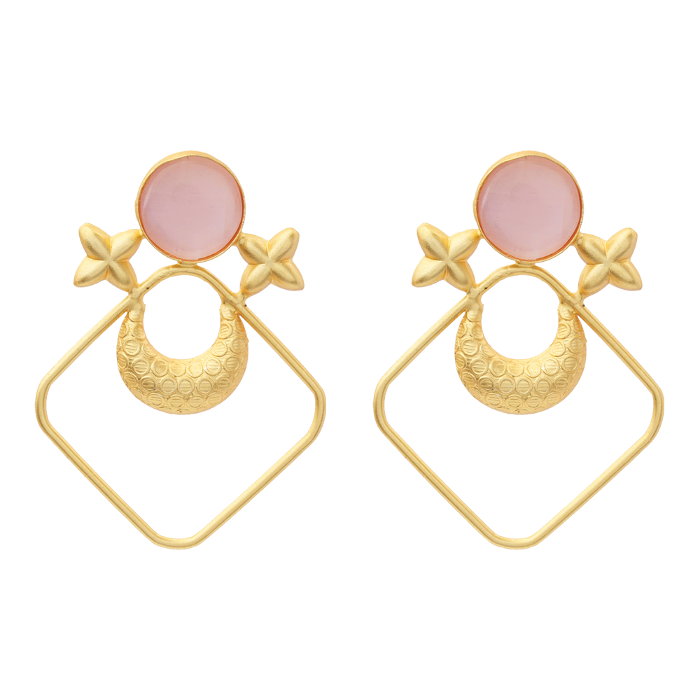 Urvashi- Stone Studded Golden Framed Dangler Earrings(Pink)