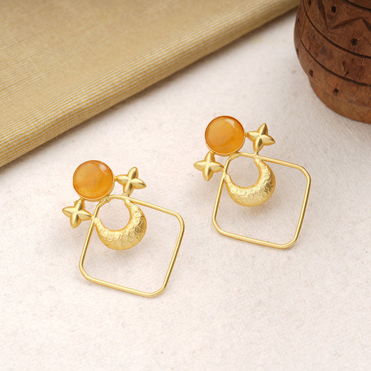 Urvashi- Stone Studded Golden Framed Dangler Earrings(Yellow)