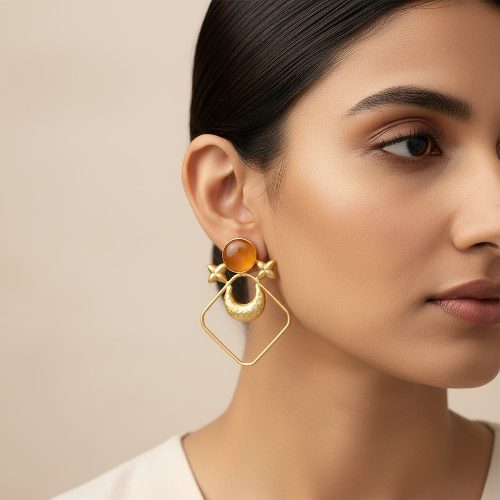 Urvashi- Stone Studded Golden Framed Dangler Earrings(Yellow)