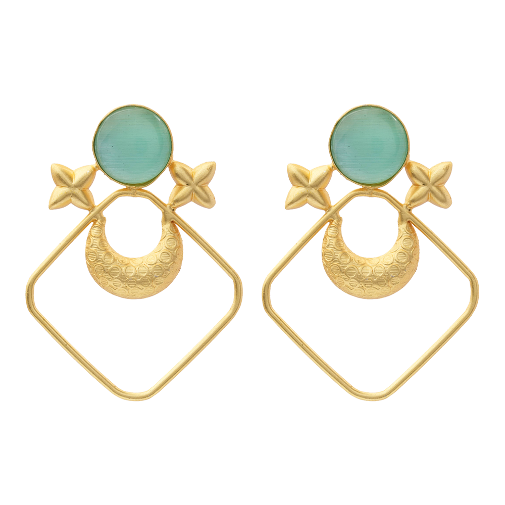 Urvashi- Stone Studded Golden Framed Dangler Earrings(Mint)