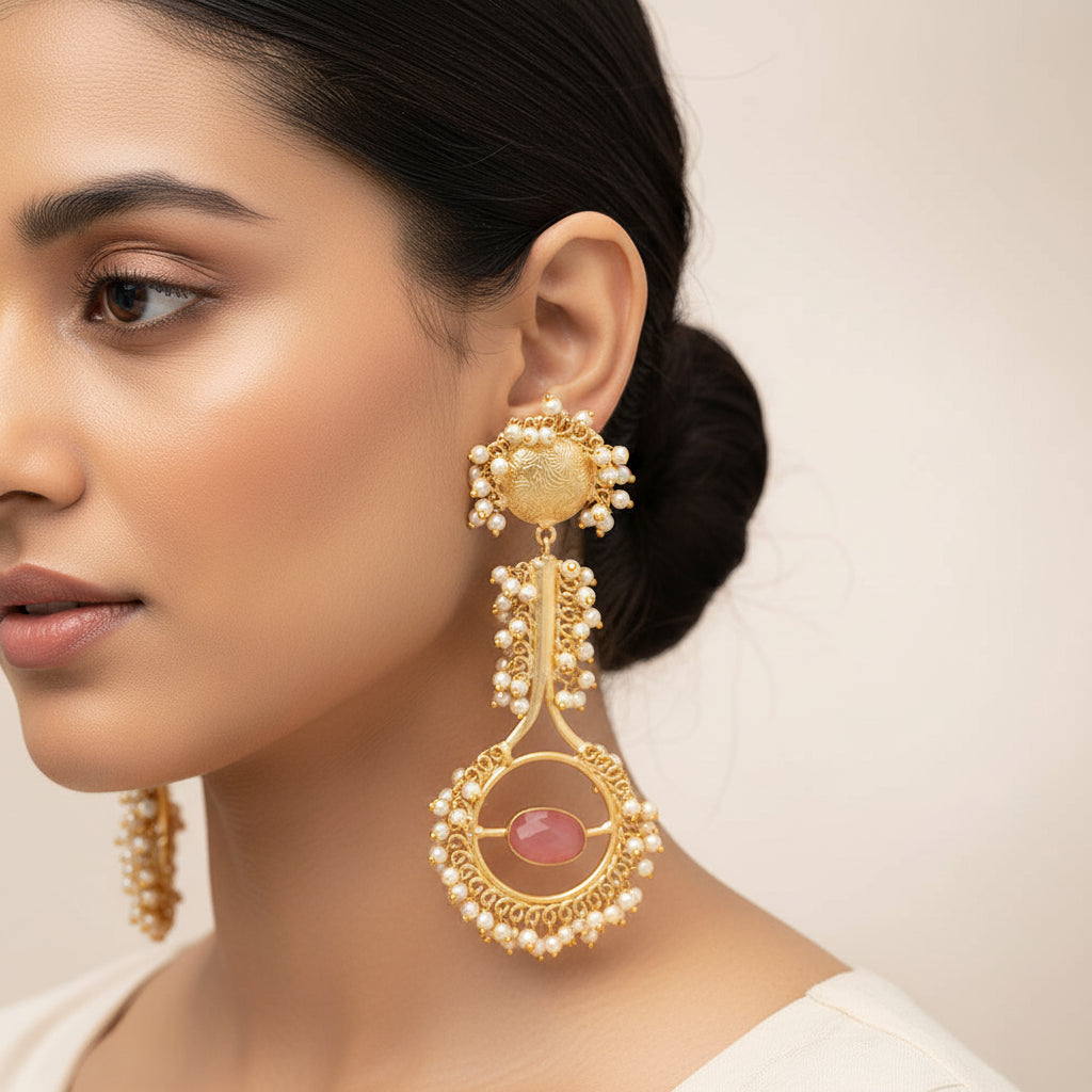 Vidulika- Stone Studded Hanging Pearls Dangler Earrings