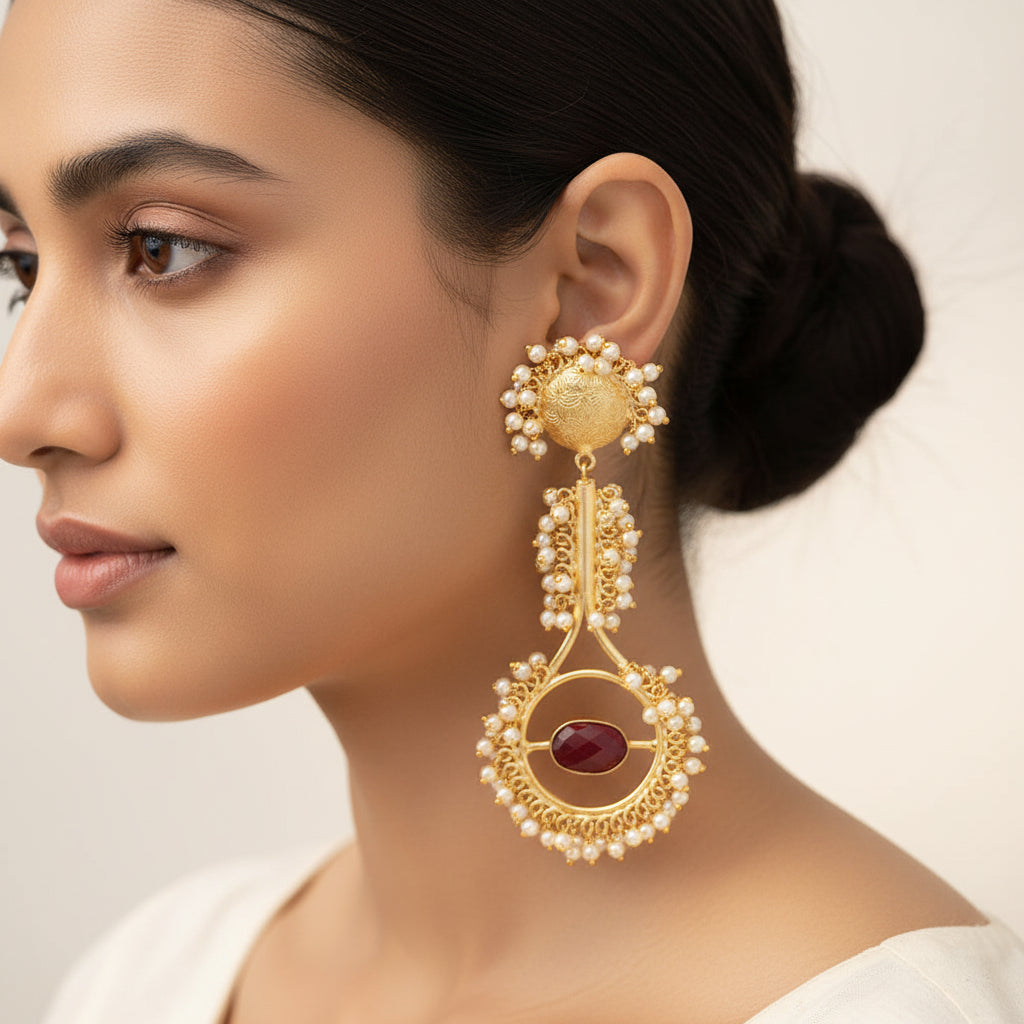 Sumitra- Stone Studded Pearl Framed Dangler Earrings