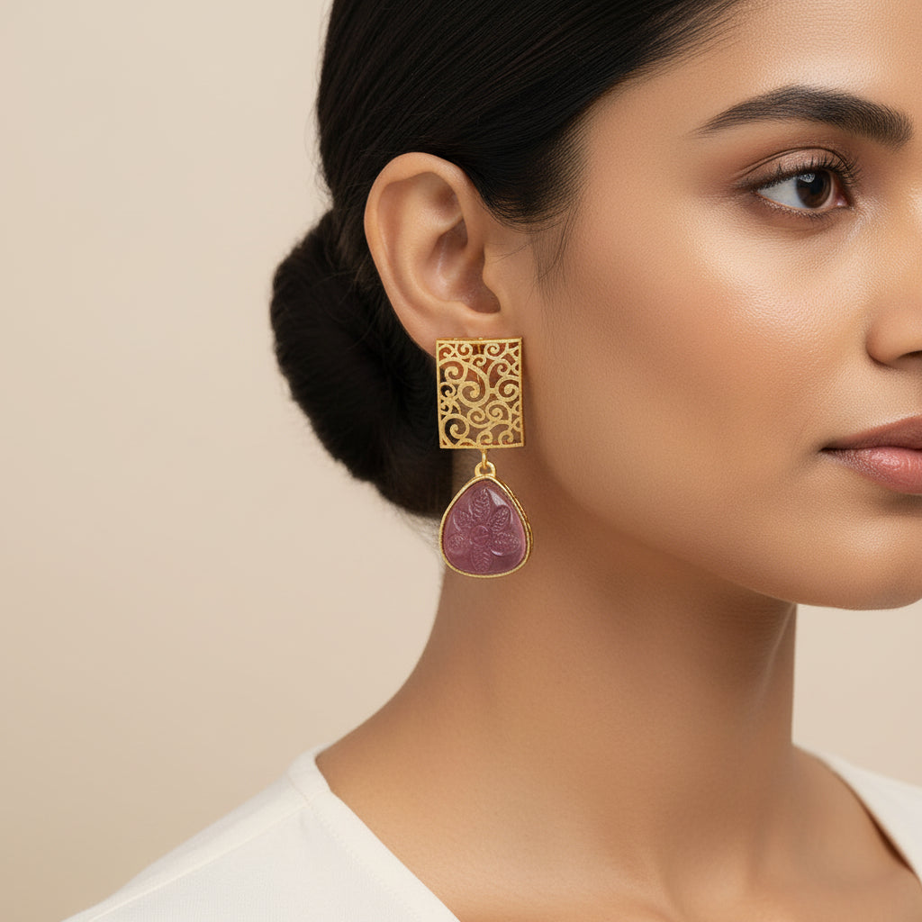 Kiyaa- Stone studded dangler earrings(Red)