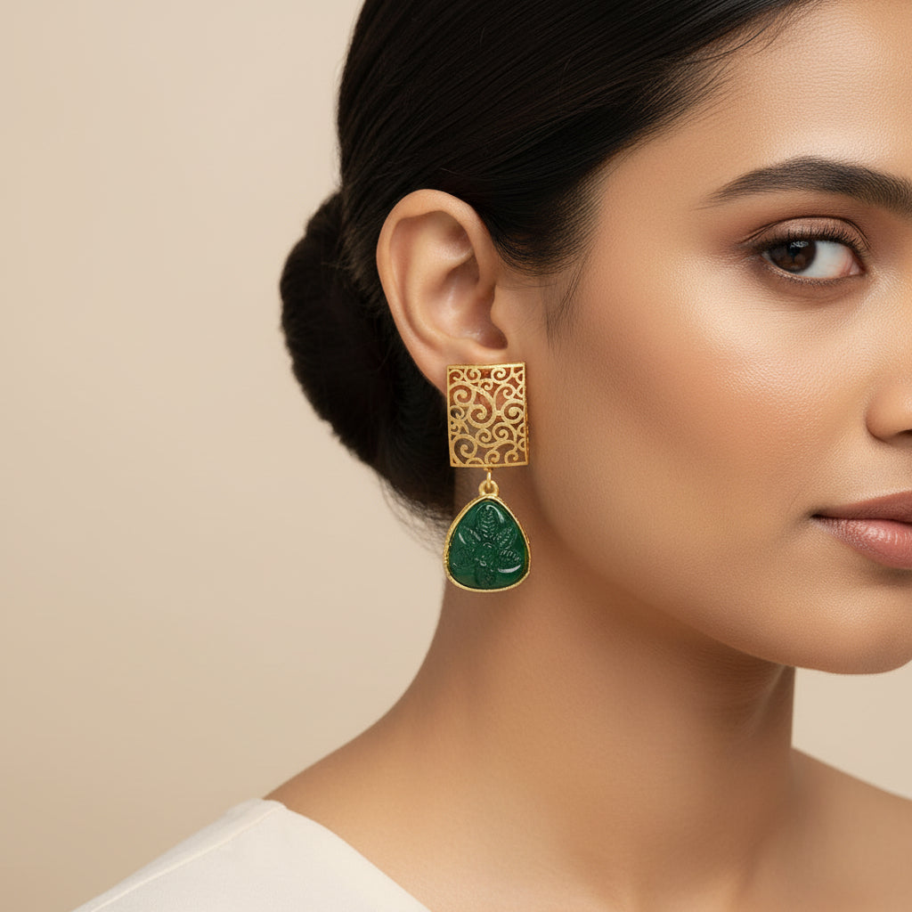 Kiyaa- Stone studded dangler earrings(Green)