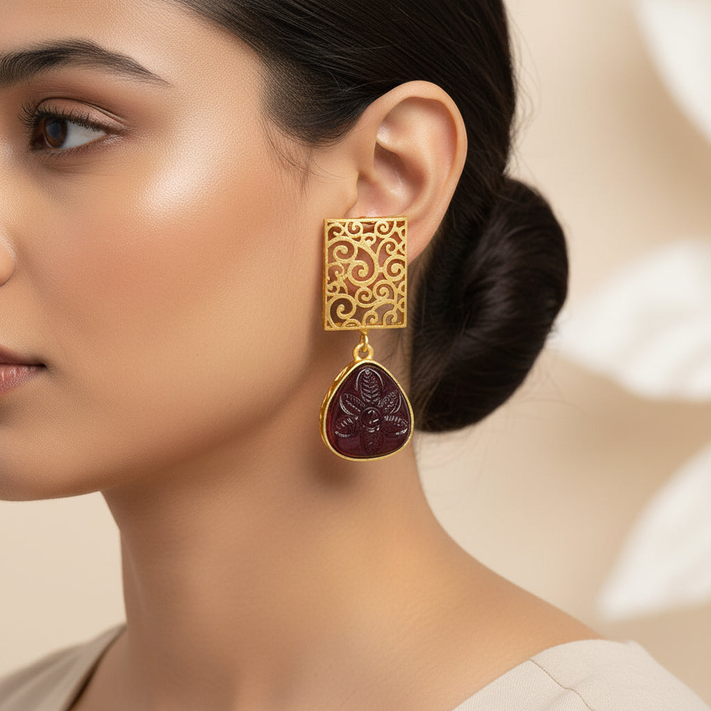 Kiyaa- Stone studded dangler earrings(Maroon)