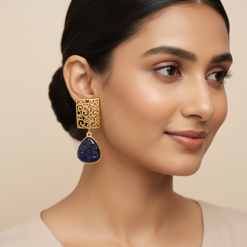 Kiyaa- Stone studded dangler earrings(Blue)