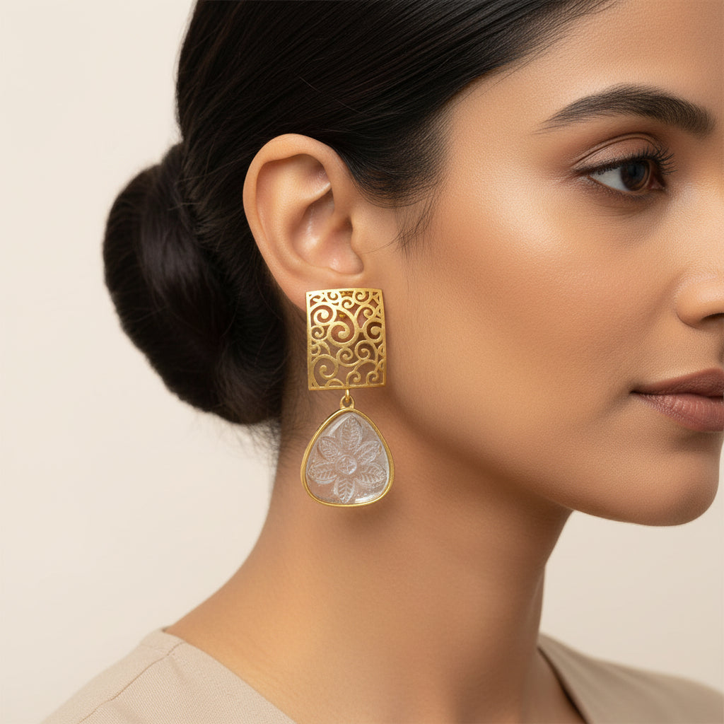 Kiyaa- Stone studded dangler earrings(White)