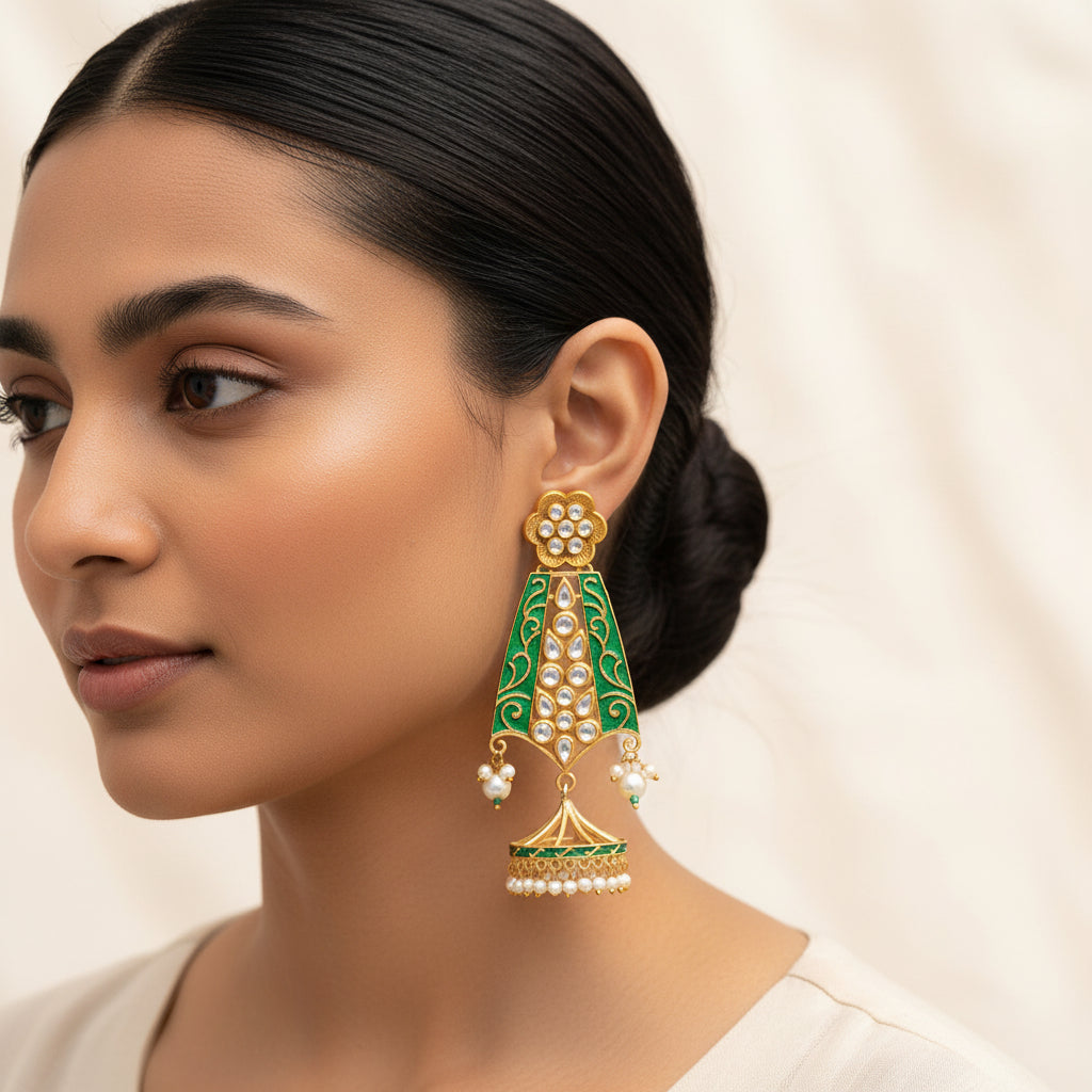 Nirvi- Stone studded dangler earrings(Green)