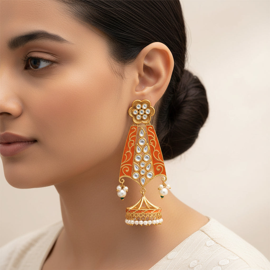 Nirvi- Stone studded dangler earrings(Orange)