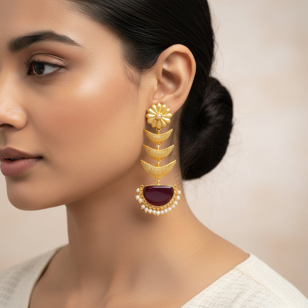 Saisha- Stone studded dangler earrings(Red)