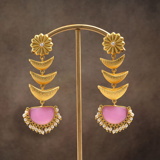 Saisha- Stone studded dangler earrings(Baby Pink)