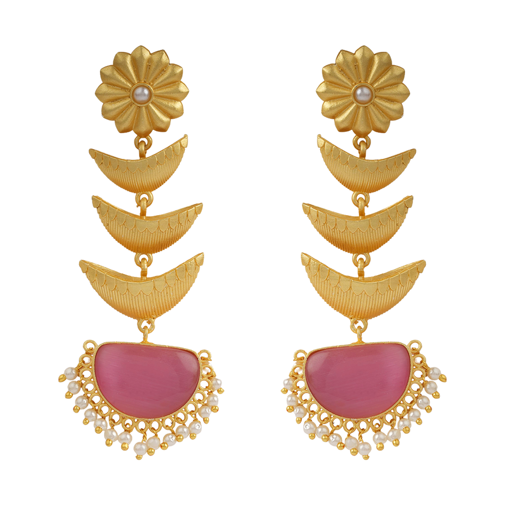 Saisha- Stone studded dangler earrings(Baby Pink)