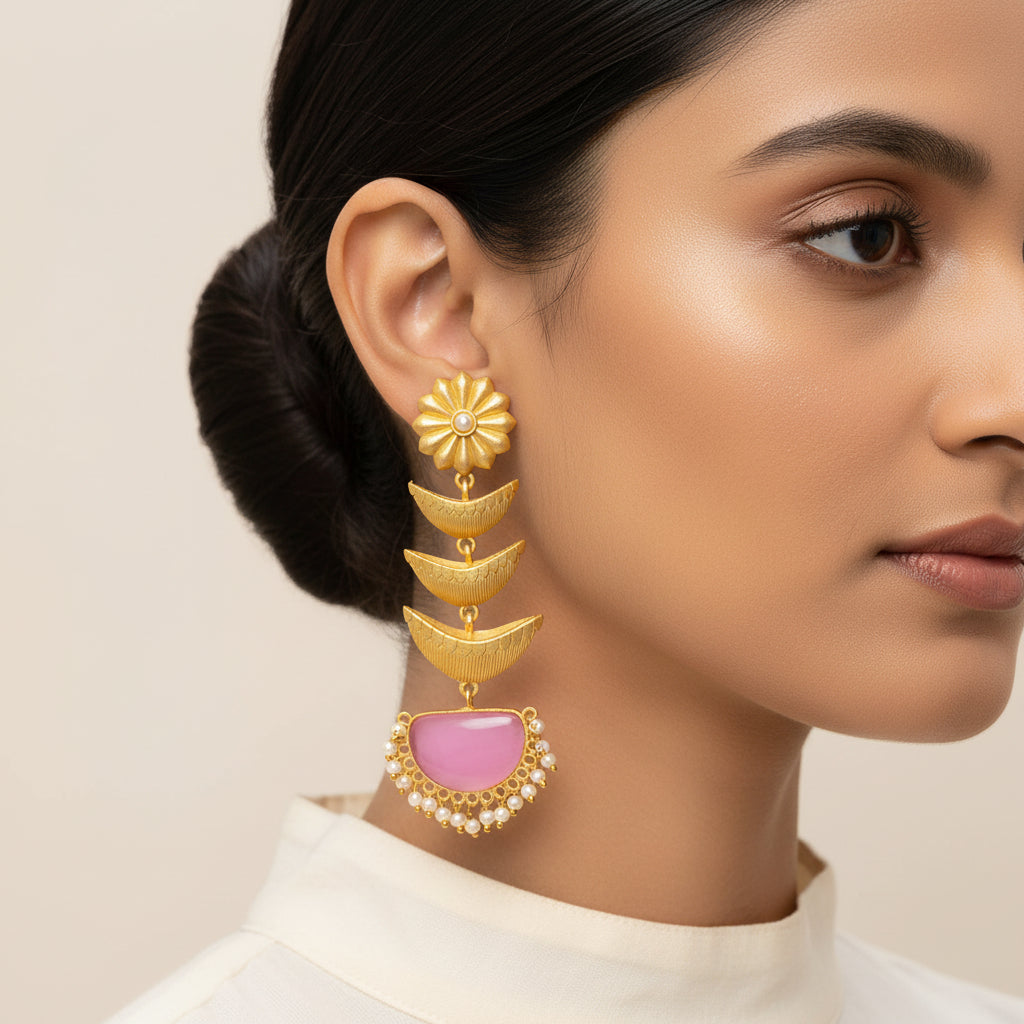 Saisha- Stone studded dangler earrings(Baby Pink)