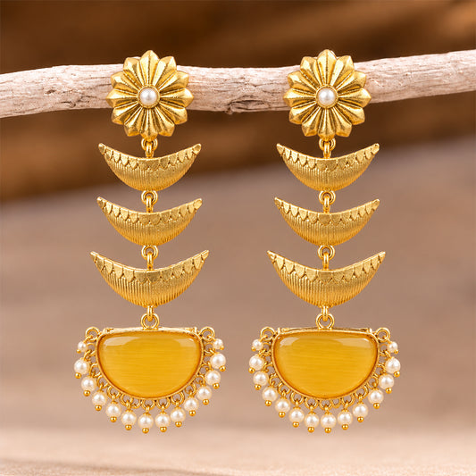 Saisha- Stone studded dangler earrings(Yellow)