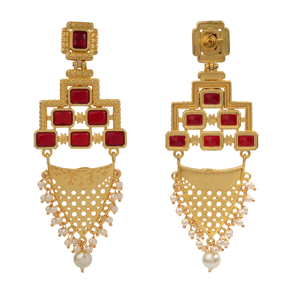 Arvya- Stone studded hanging pearls dangler earrings(Red)