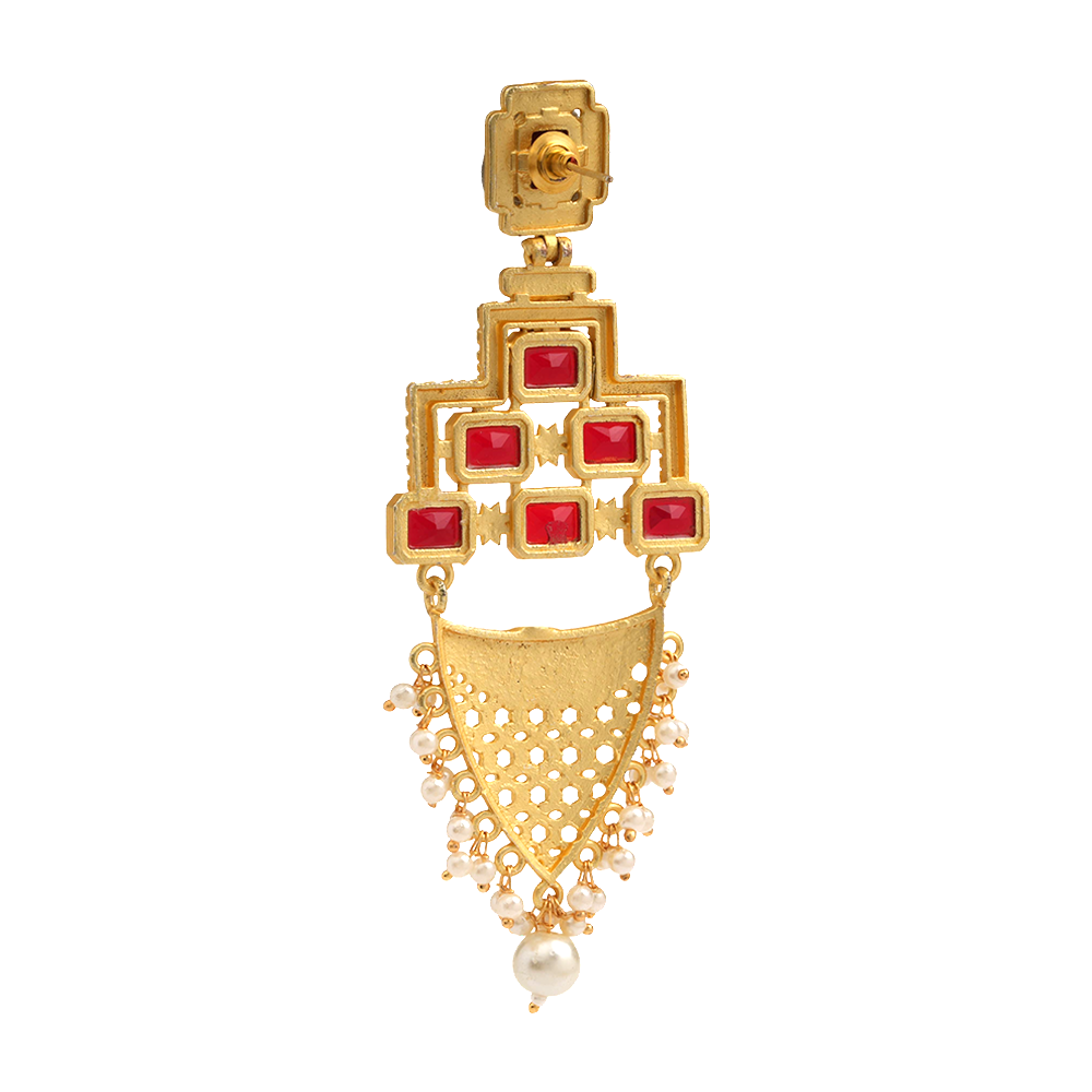 Arvya- Stone studded hanging pearls dangler earrings(Red)