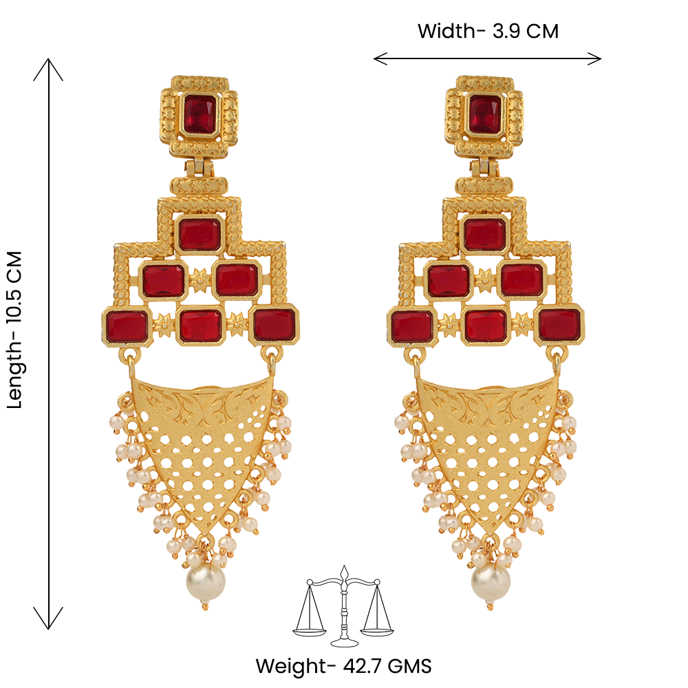 Arvya- Stone studded hanging pearls dangler earrings(Red)