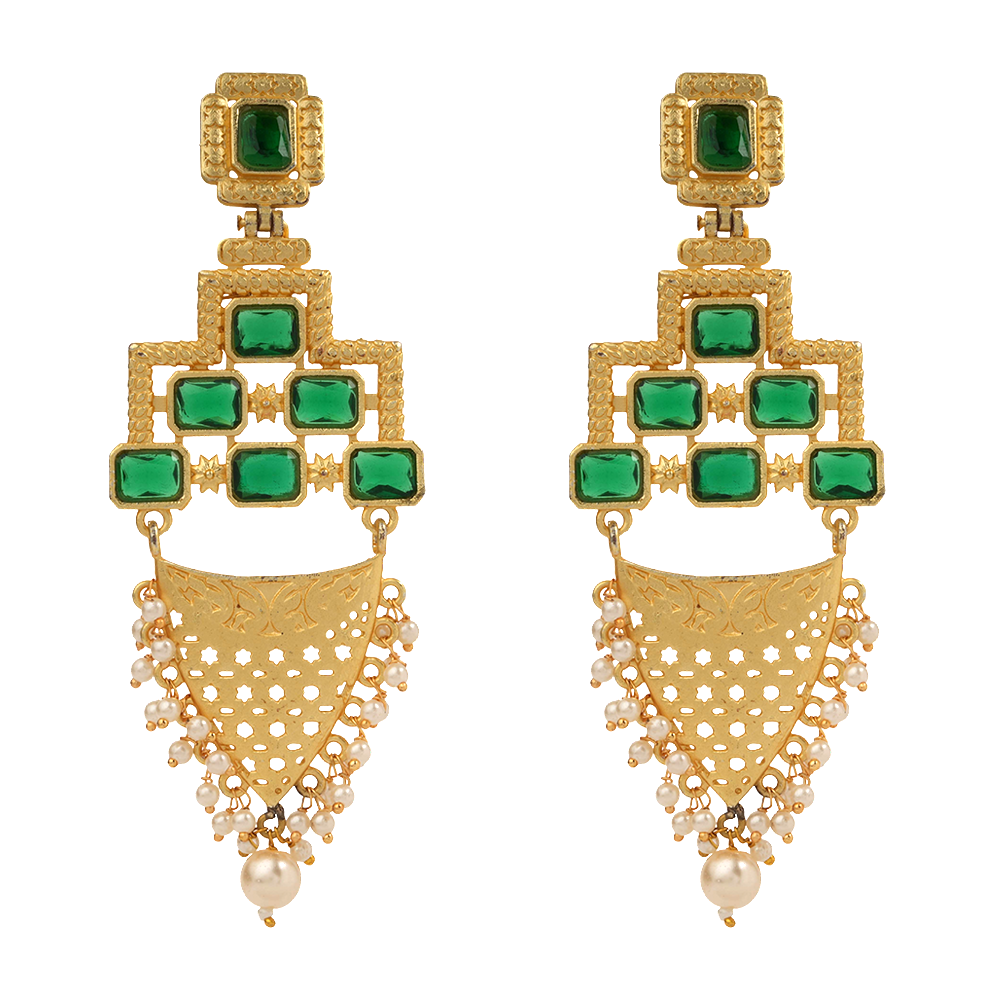 Arvya- Stone studded hanging pearls dangler earrings(Green)