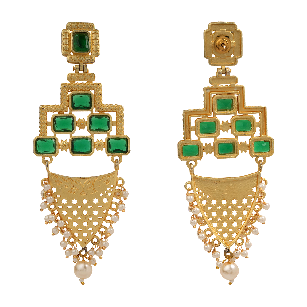Arvya- Stone studded hanging pearls dangler earrings(Green)