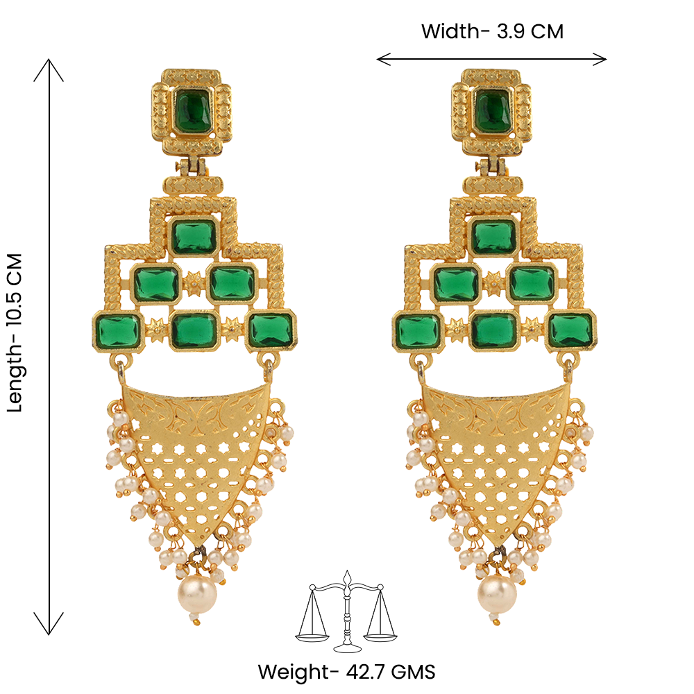 Arvya- Stone studded hanging pearls dangler earrings(Green)