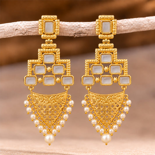 Arvya- Stone studded hanging pearls dangler earrings(White)