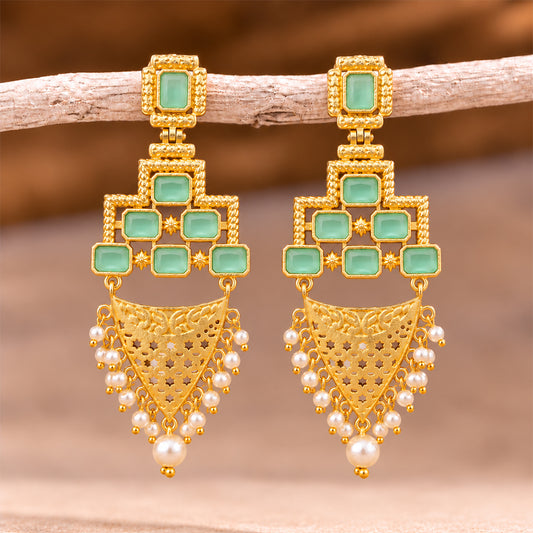 Arvya- Stone studded hanging pearls dangler earrings(Mint)