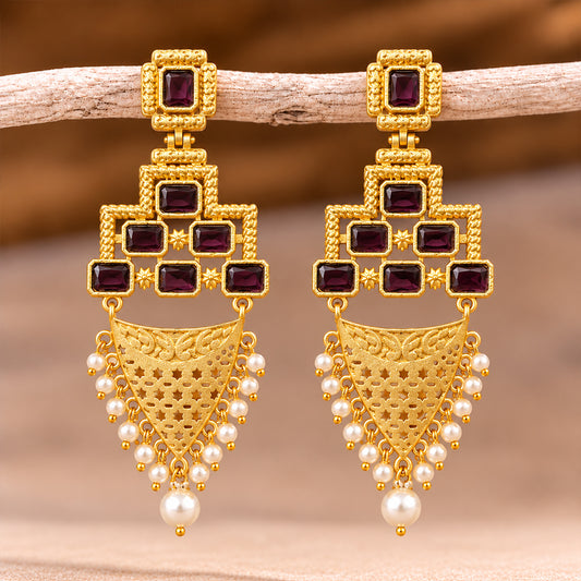 Arvya- Stone studded hanging pearls dangler earrings(Purple)