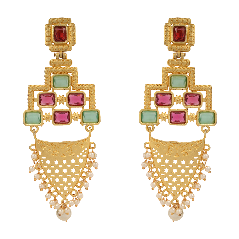 Arvya- Stone studded hanging pearls dangler earrings(Multicolor)