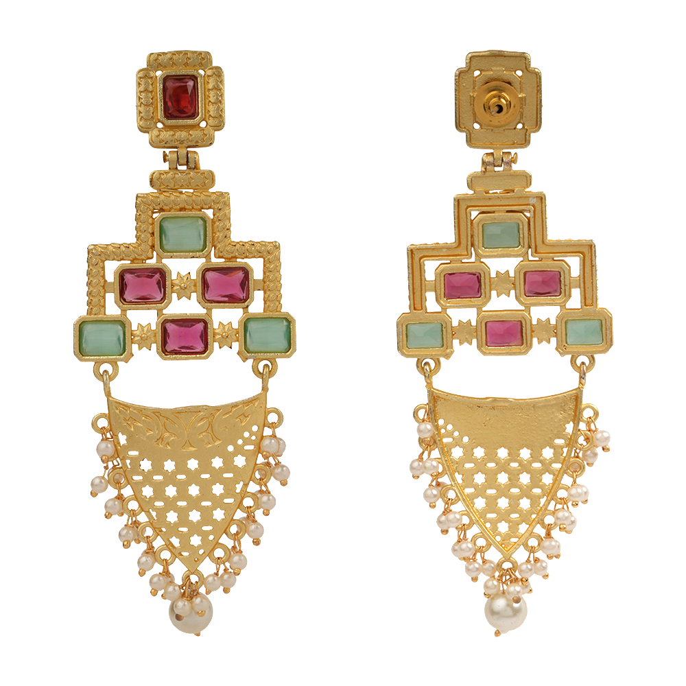 Arvya- Stone studded hanging pearls dangler earrings(Multicolor)