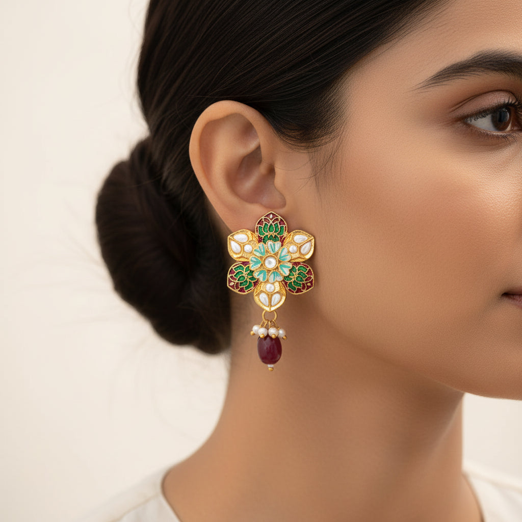 Elvisha- Hanging Bead Stud Earrings(Red)