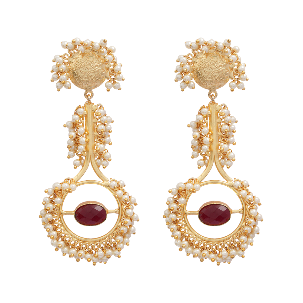 Sumitra- Stone Studded Pearl Framed Dangler Earrings
